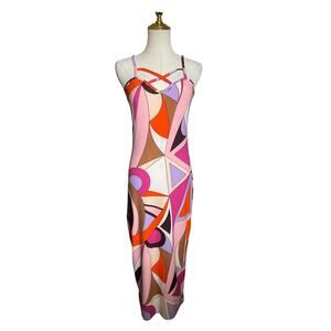 LOVE Collection Geometric Print Maxi Dress Spaghetti Straps Orange Pink Purple L